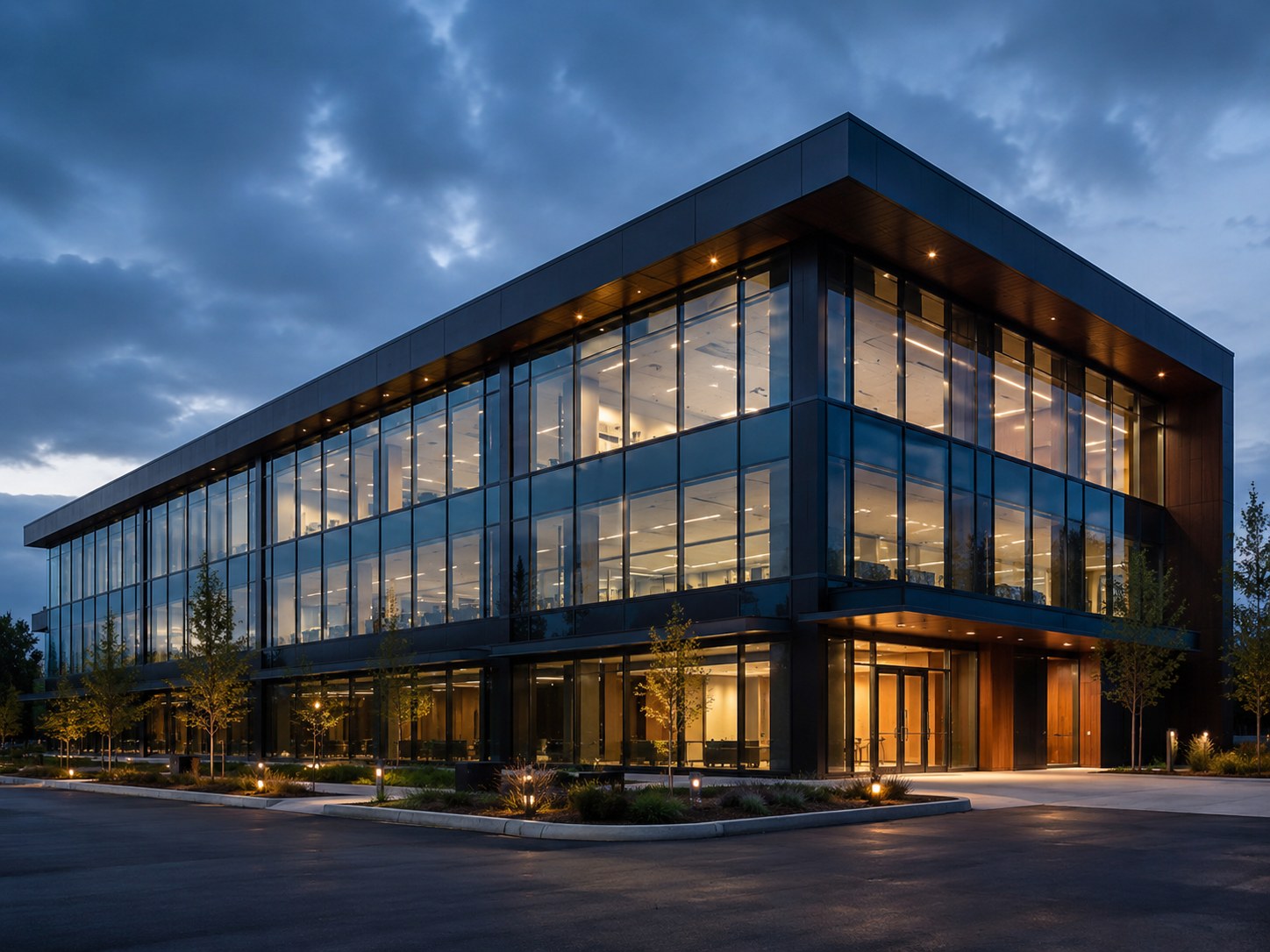 Commercial office building lit from within at dusk