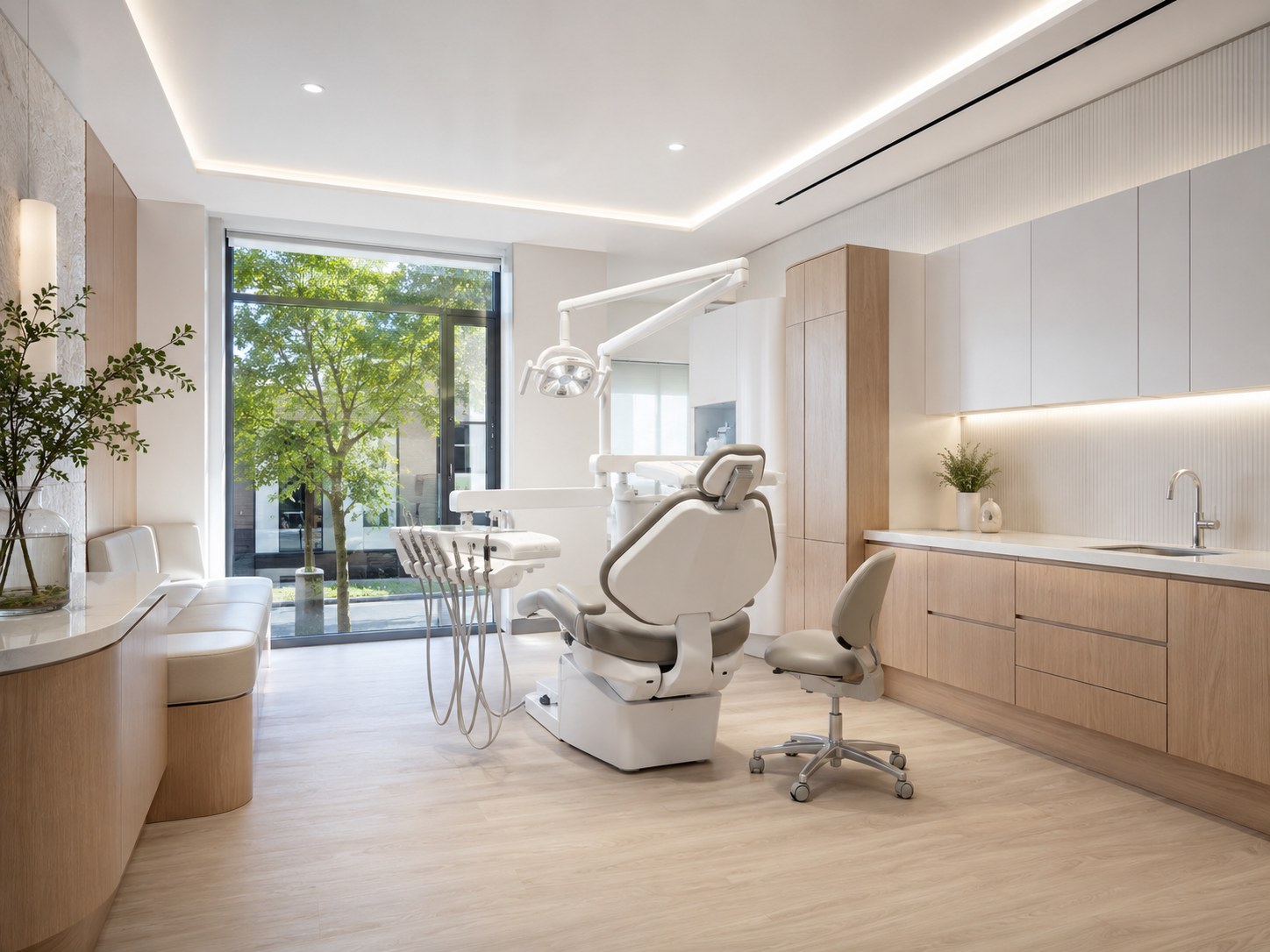 Modern orthodontic treatment room in pale wood and white