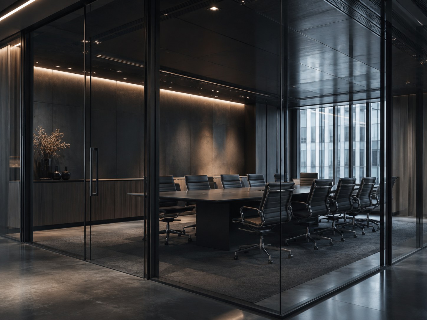 Dark contemporary boardroom behind glass partitions